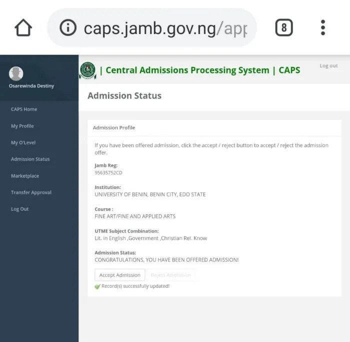 How to accept admission on JAMB CAPS